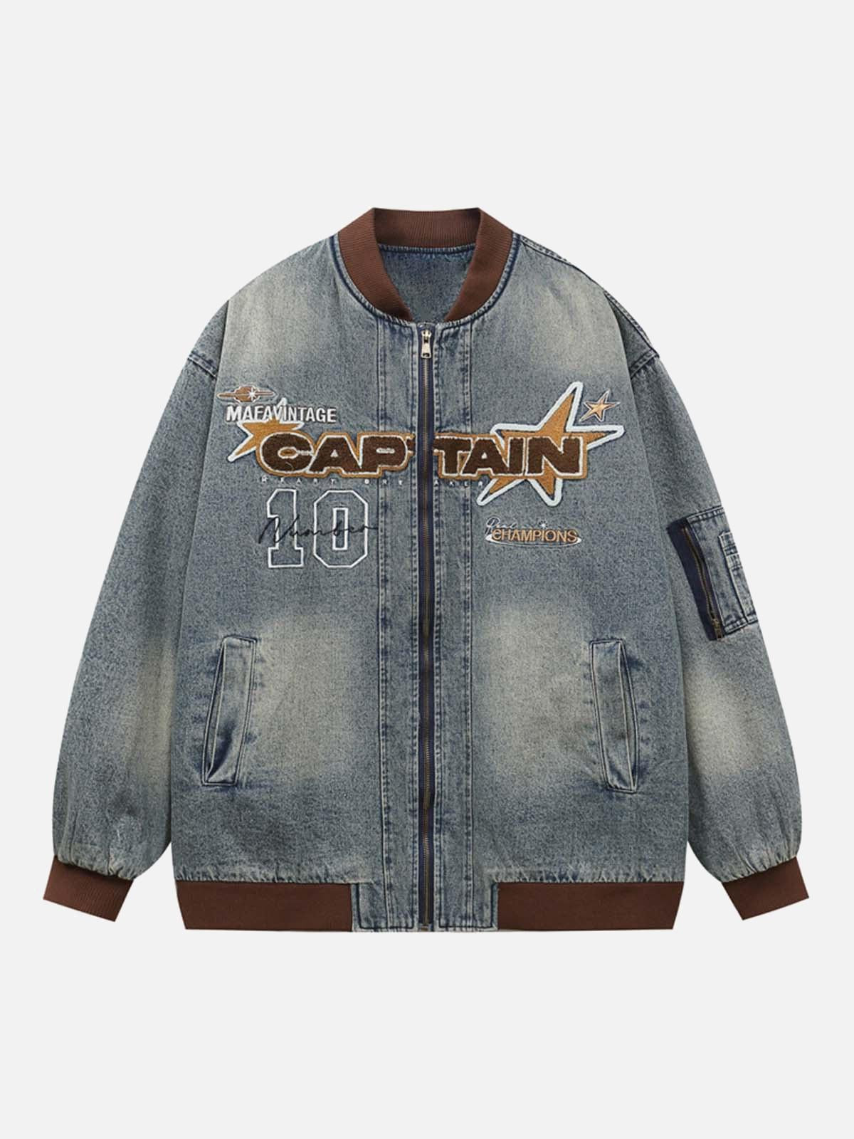 Concert Outfit Alphabet Patch Embroidered Quilted Denim Bomber Jacket