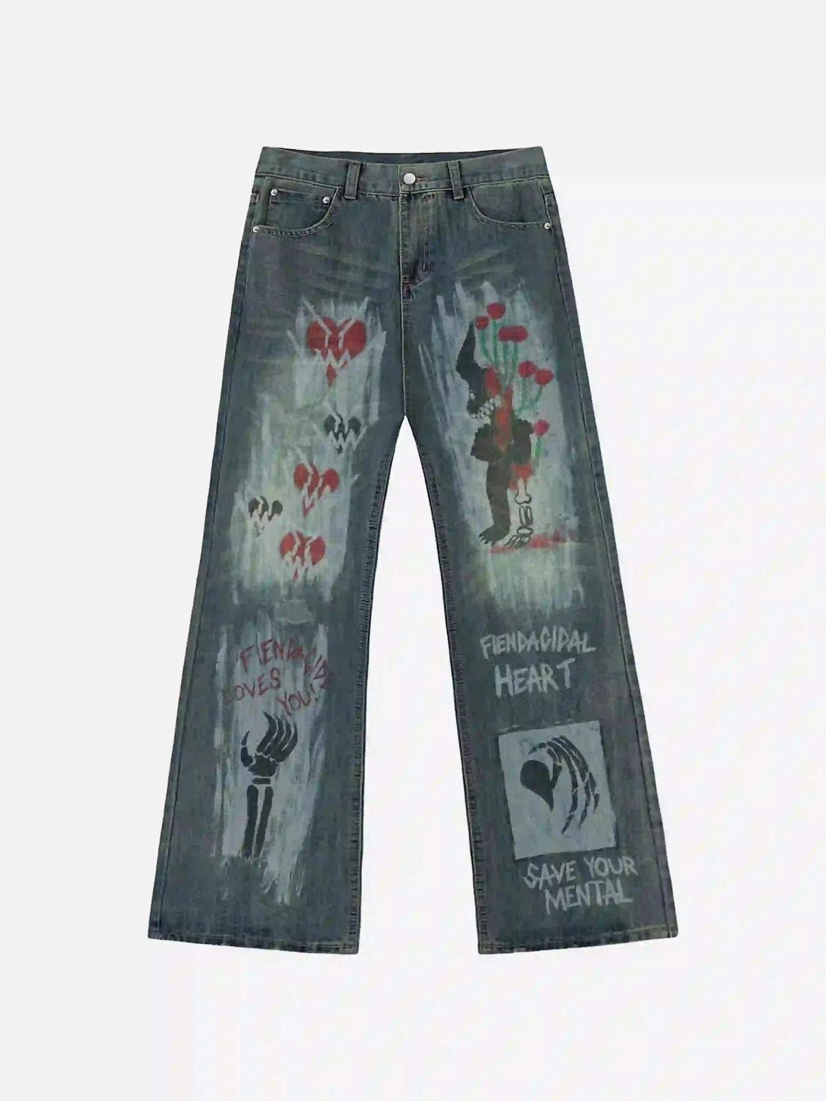 Concert Outfit American High Street Graffiti Washed Jeans