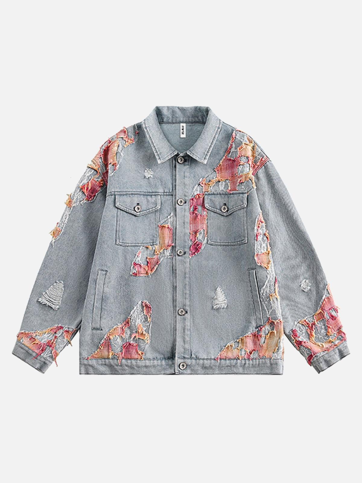 Concert Outfit American Street Style Lace Patchwork Denim Jacket