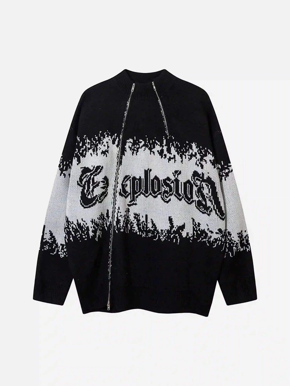 Concert Outfit Asymmetric Jacquard Stitching With Two-Way Zipper Sweater