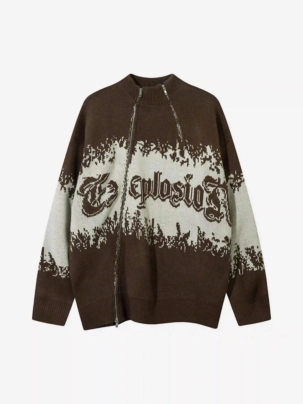 Concert Outfit Asymmetric Jacquard Stitching With Two-Way Zipper Sweater