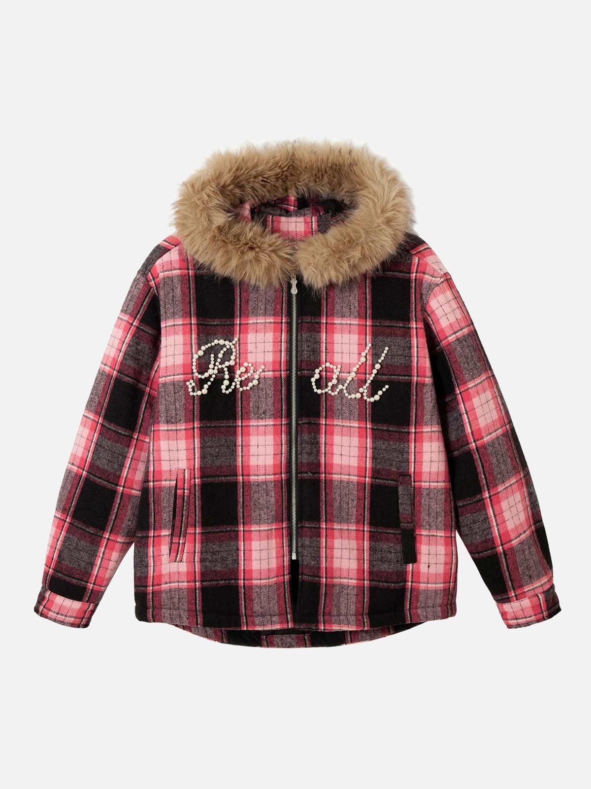 Concert Outfit Beaded Fur Collar Padded Plaid Jacket