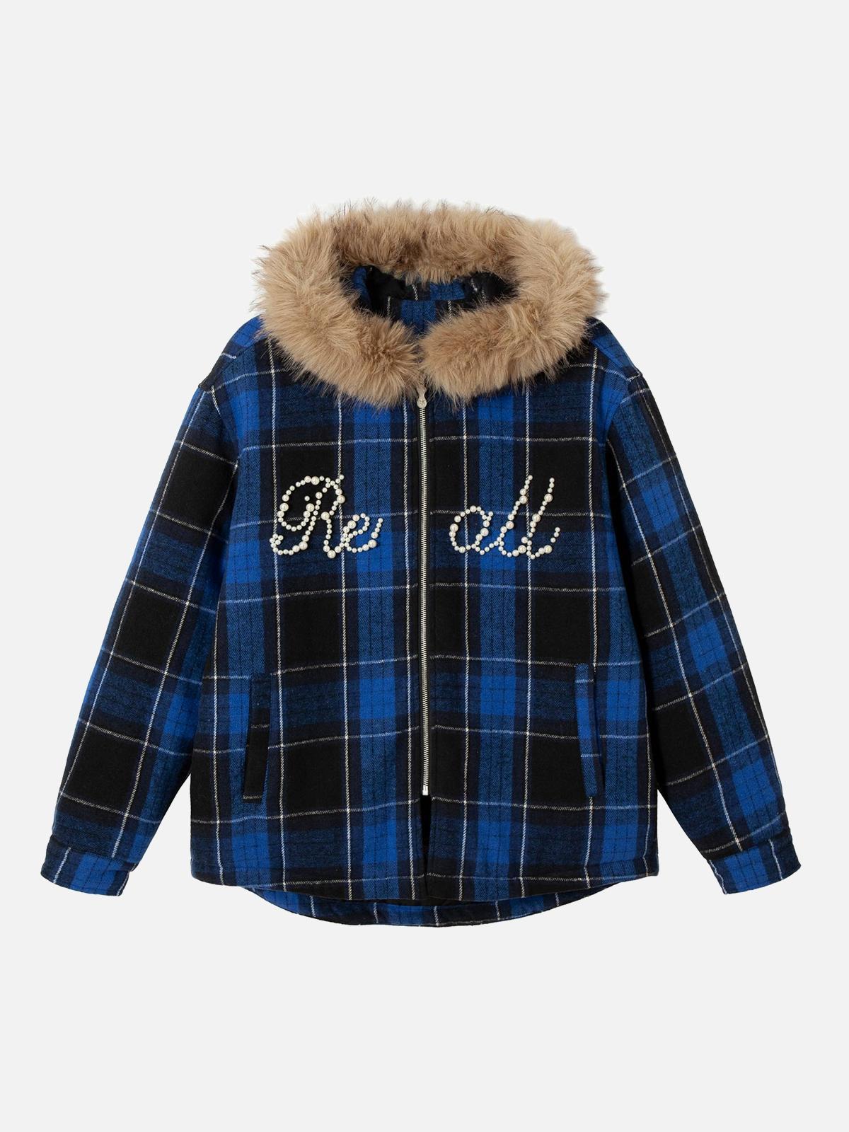 Concert Outfit Beaded Fur Collar Padded Plaid Jacket
