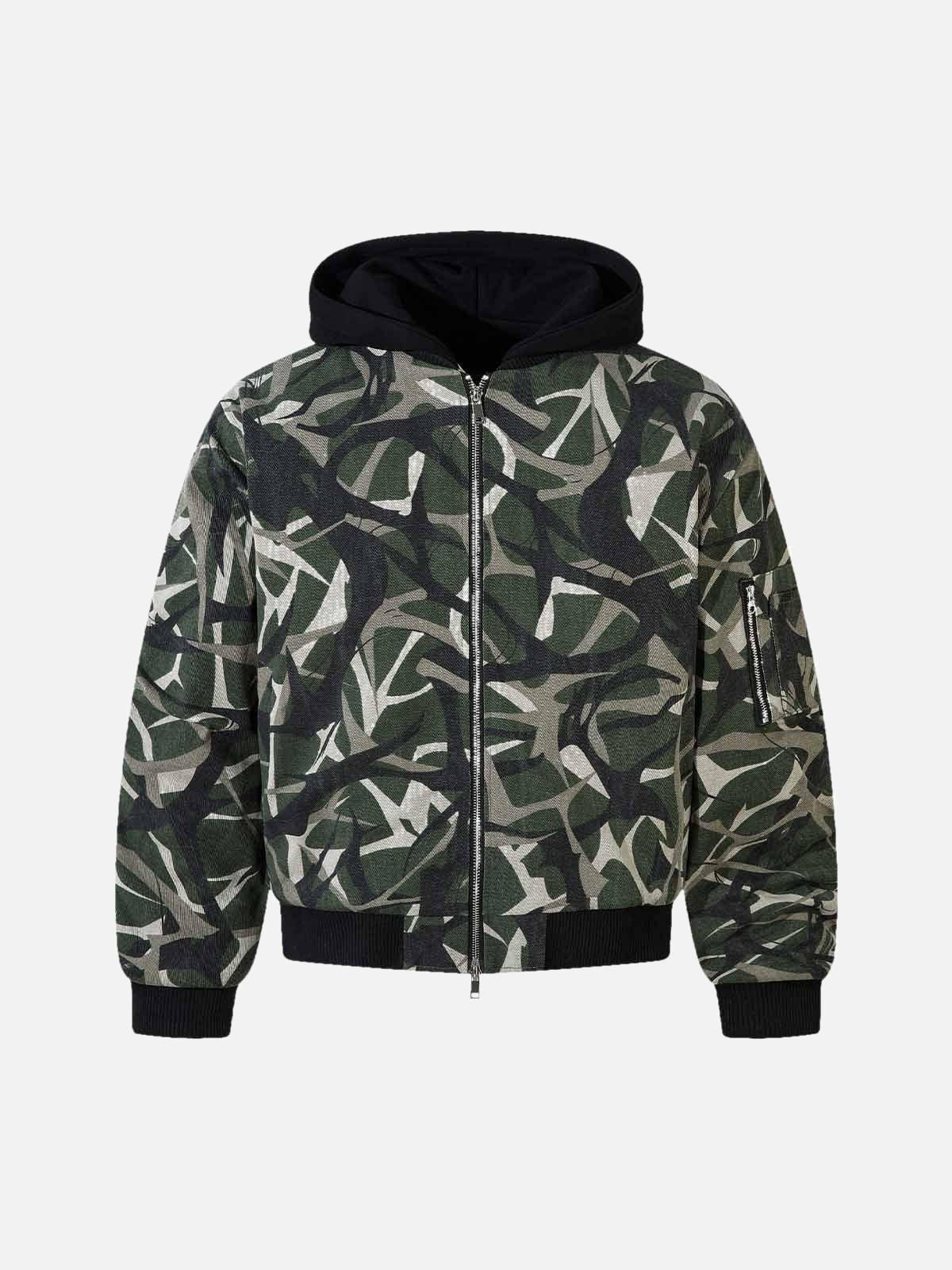Concert Outfit Camouflage Faux Two-Piece Hooded Bomber Jacket