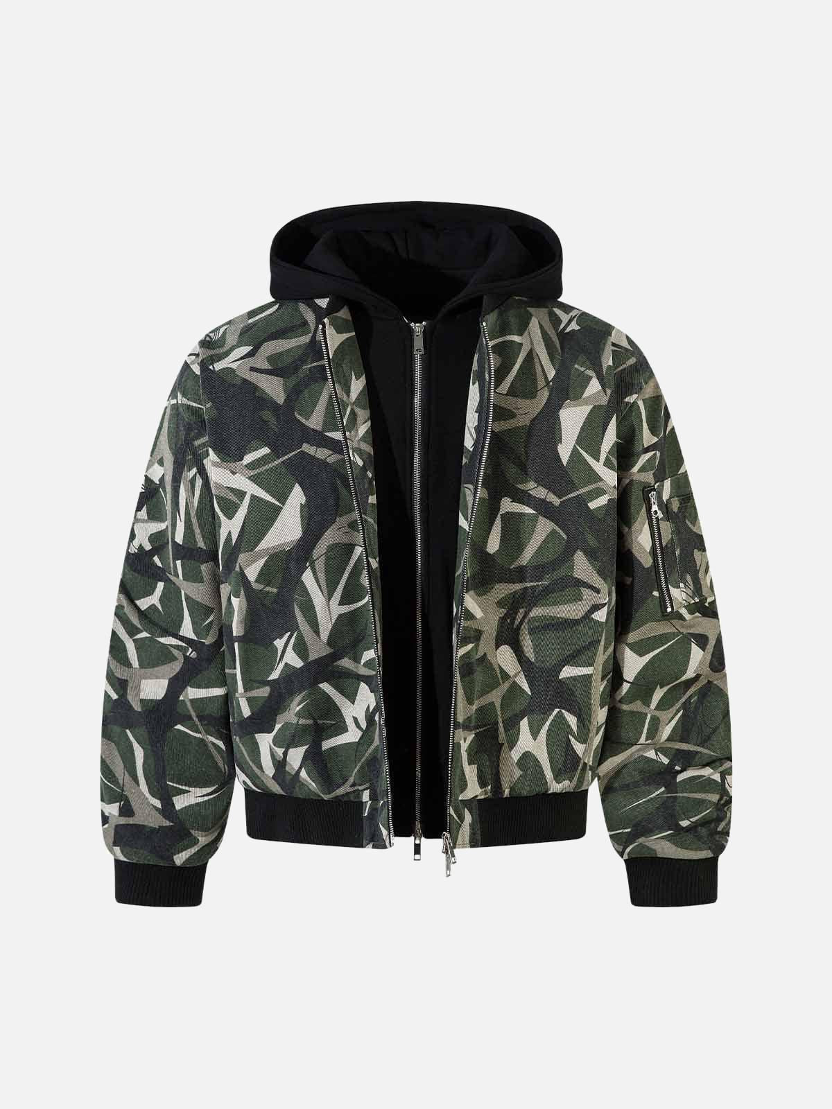 Concert Outfit Camouflage Faux Two-Piece Hooded Bomber Jacket