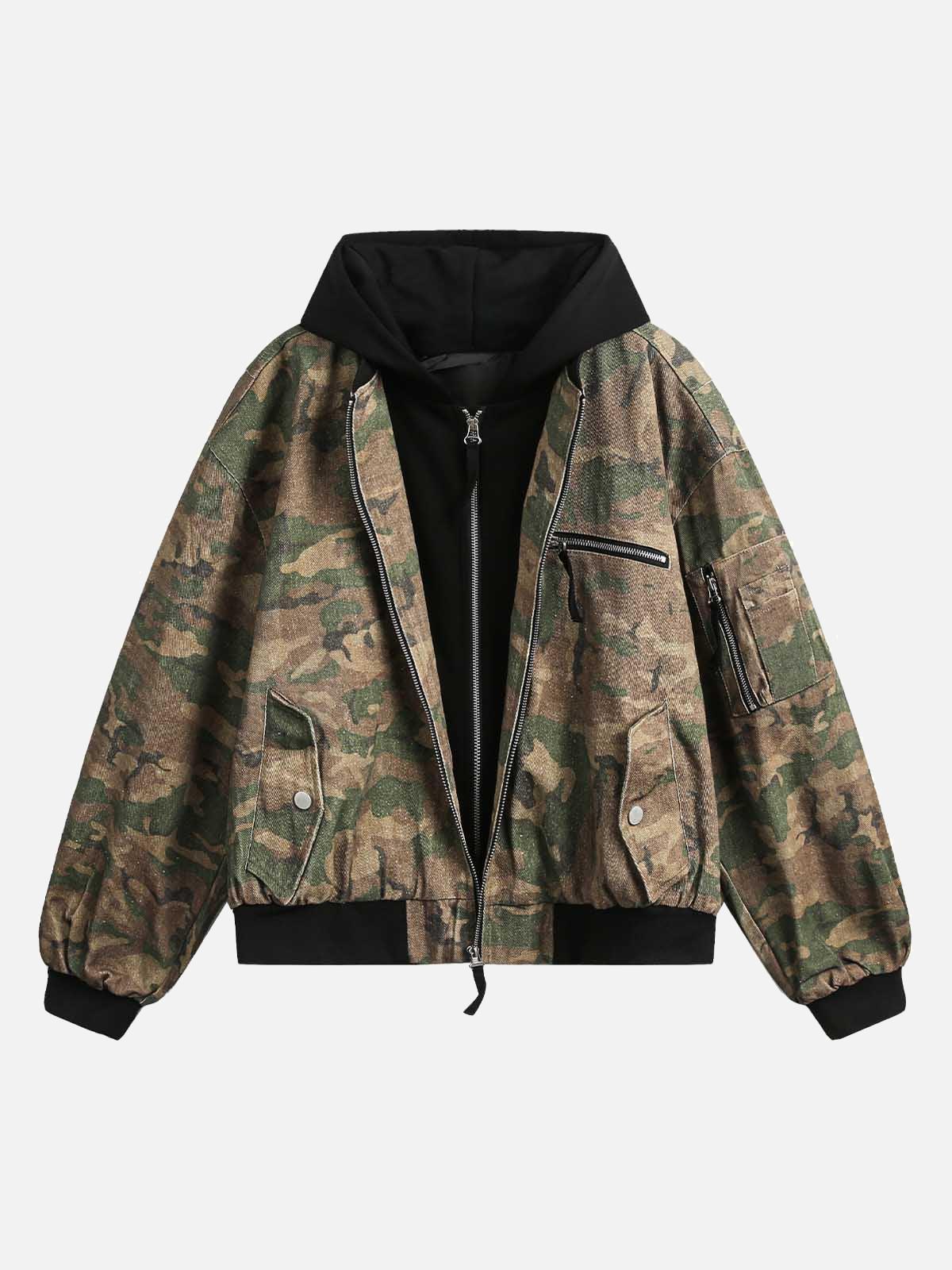 Concert Outfit Camouflage Faux Two-Piece Hooded Jacket