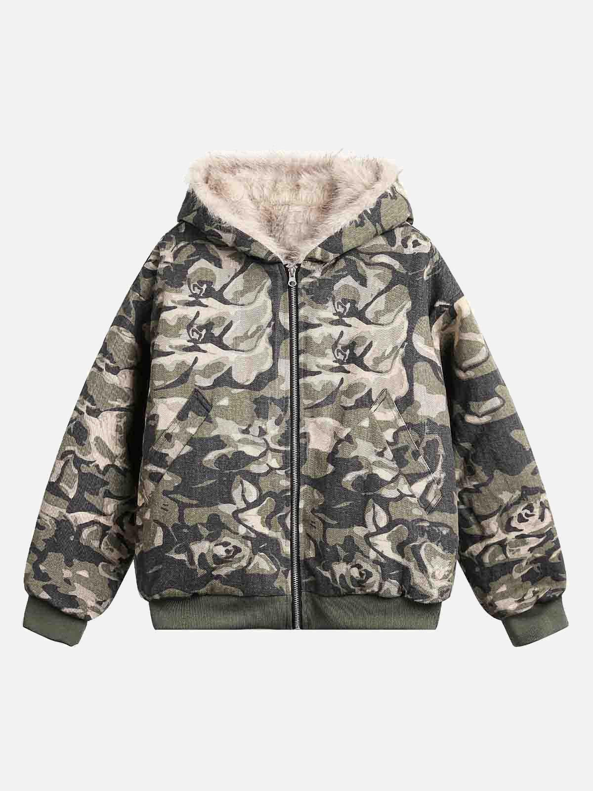 Concert Outfit Camouflage Fur Hooded Jacket