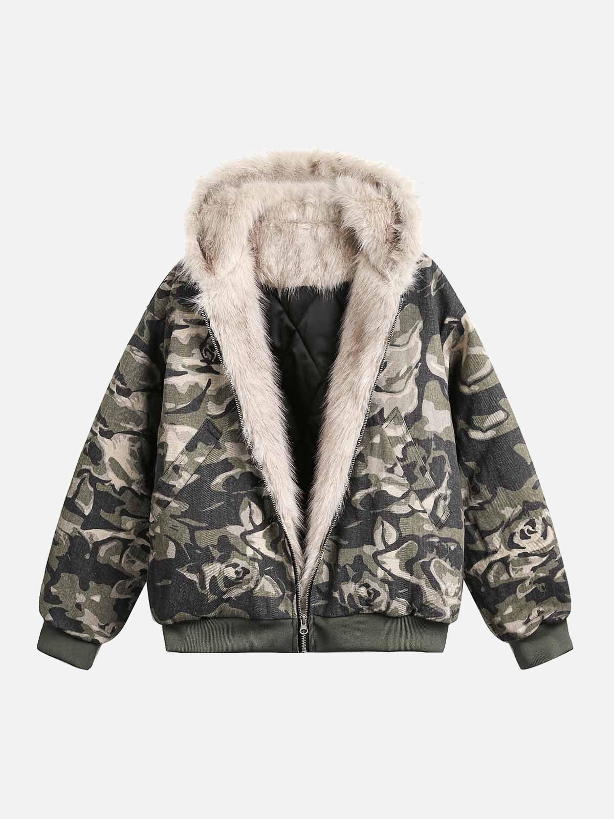 Concert Outfit Camouflage Fur Hooded Jacket