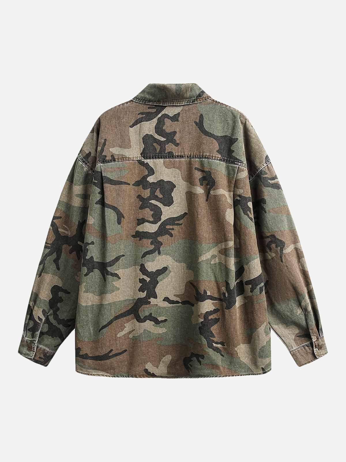 Concert Outfit Camouflage Washed Distressed Denim Shirt