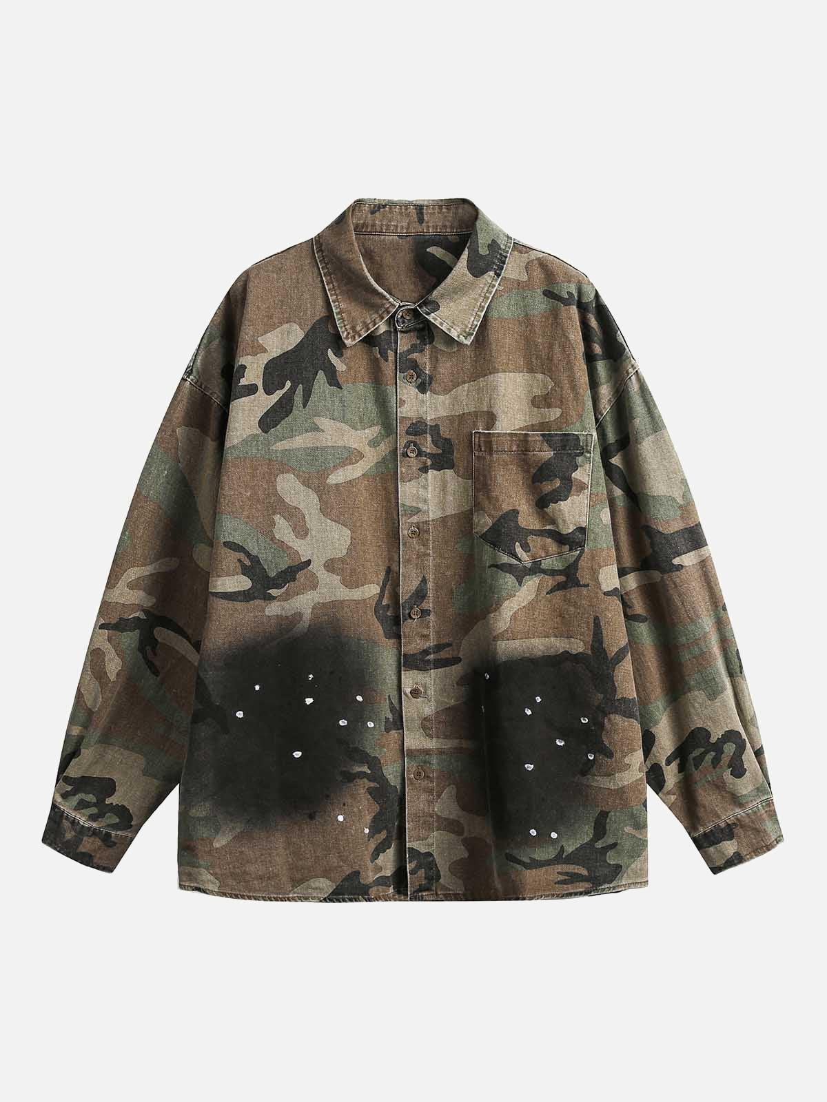 Concert Outfit Camouflage Washed Distressed Denim Shirt