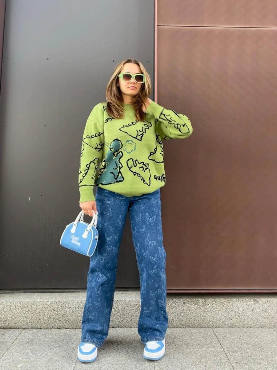 Concert Outfit Cartoon Dinosaur Printed Sweater