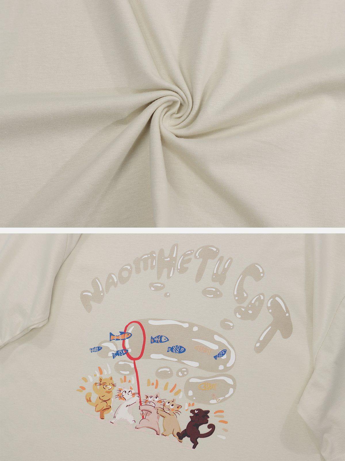 Concert Outfit Cartoon Kitten Fishing Graphic Tee Concert Outfit Cartoon Kitten Fishing Graphic Tee