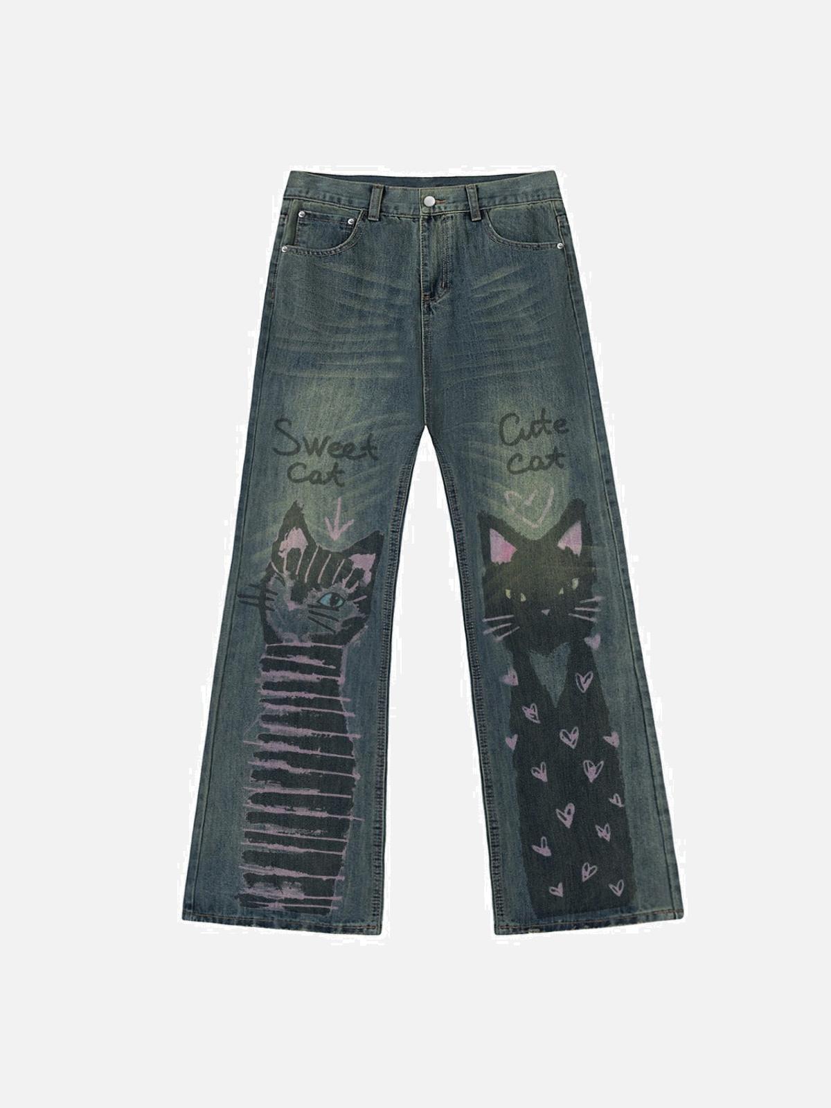 Concert Outfit Cat Graffiti Print Jeans
