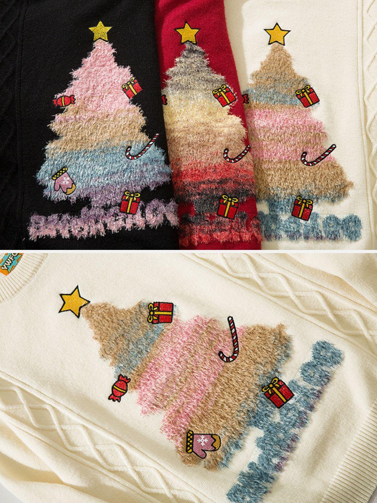 Concert Outfit Christmas Tree Embroidery Print Sweater Concert Outfit Christmas Tree Embroidery Print Sweater