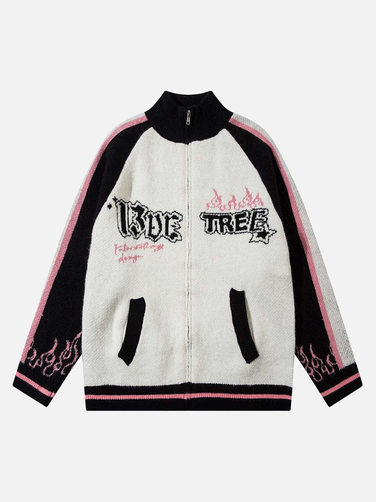 Concert Outfit Contrast Color Jacquard Mock Neck Zipper Sweater