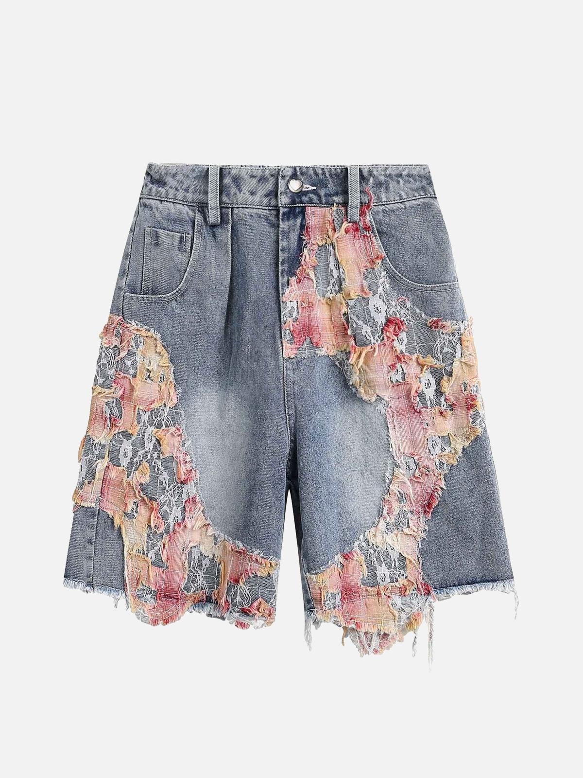Concert Outfit Craftsmanship Ripped Floral Denim Shorts