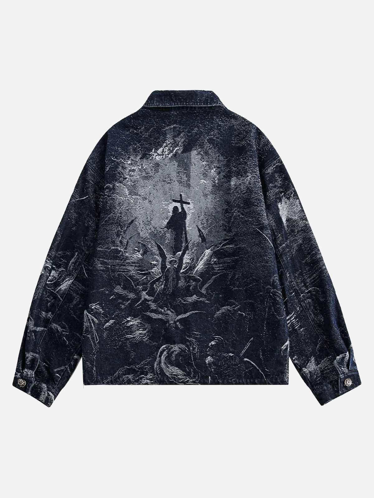 Concert Outfit Cross Jacquard Zip Up Denim Jacket