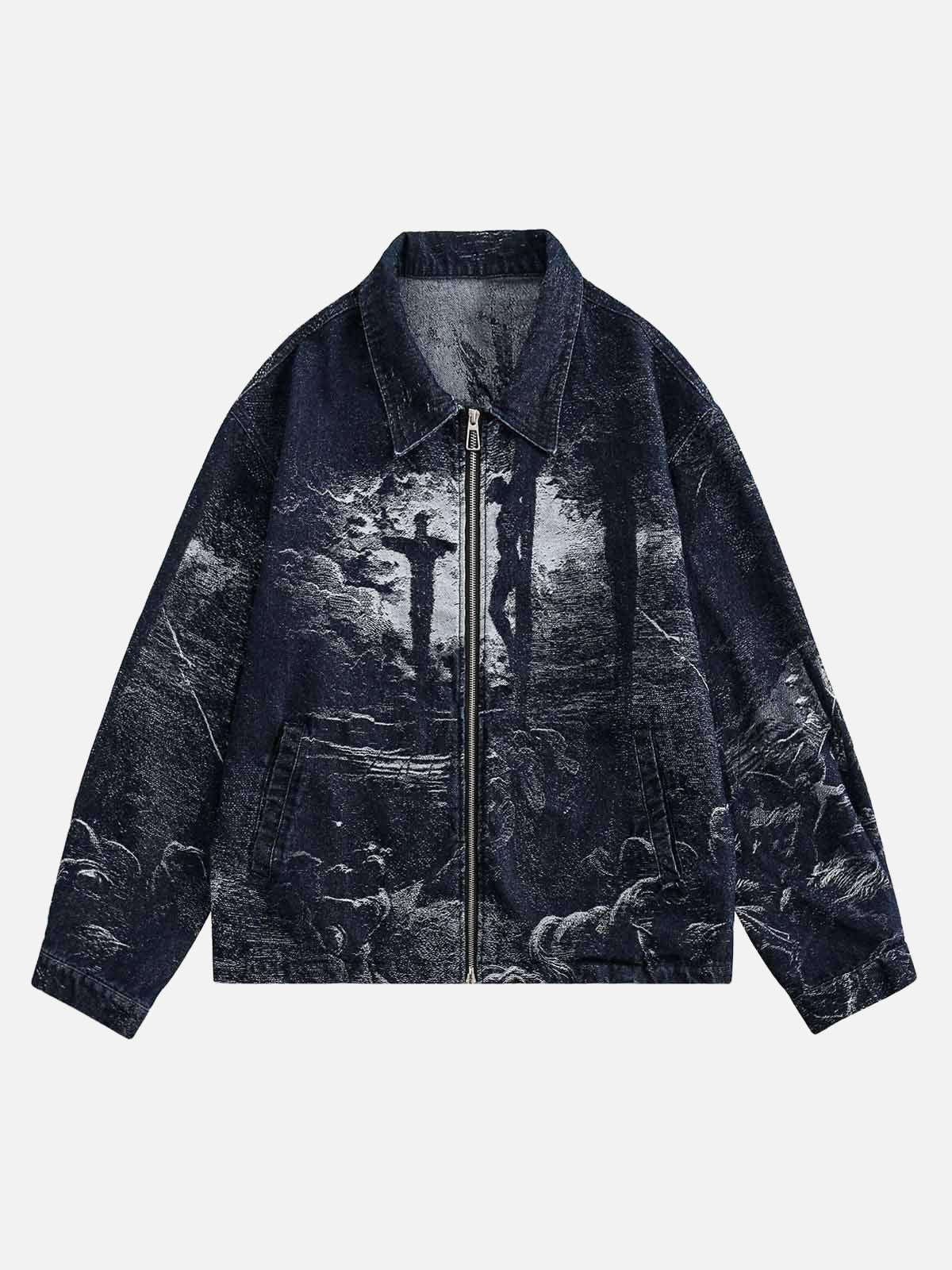 Concert Outfit Cross Jacquard Zip Up Denim Jacket