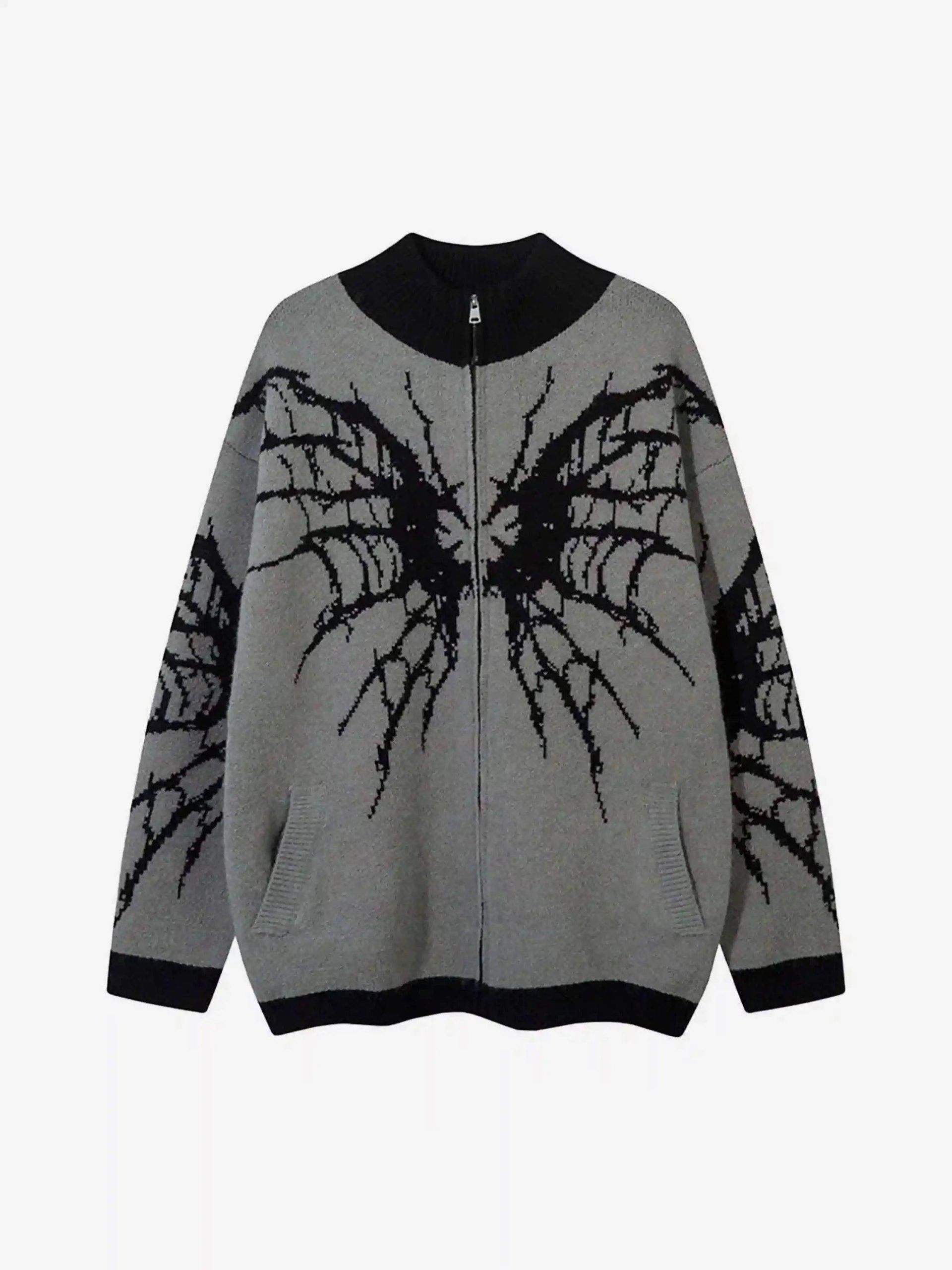 Concert Outfit Dark Spider Web Zipper Stand Collar Cardigan