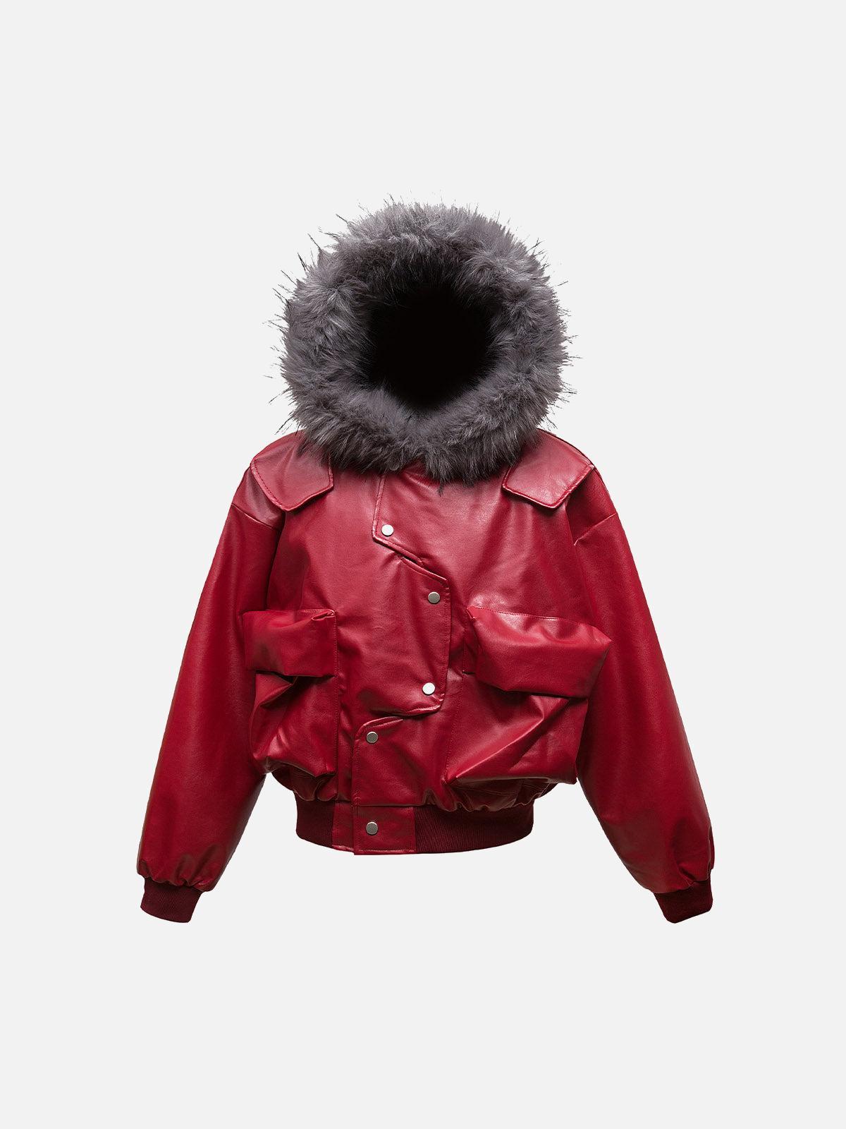 Concert Outfit Deconstructed Multi Pocket Fur Hooded PU Leather Jacket