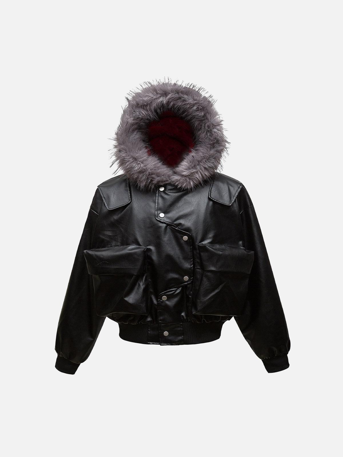 Concert Outfit Deconstructed Multi Pocket Fur Hooded PU Leather Jacket