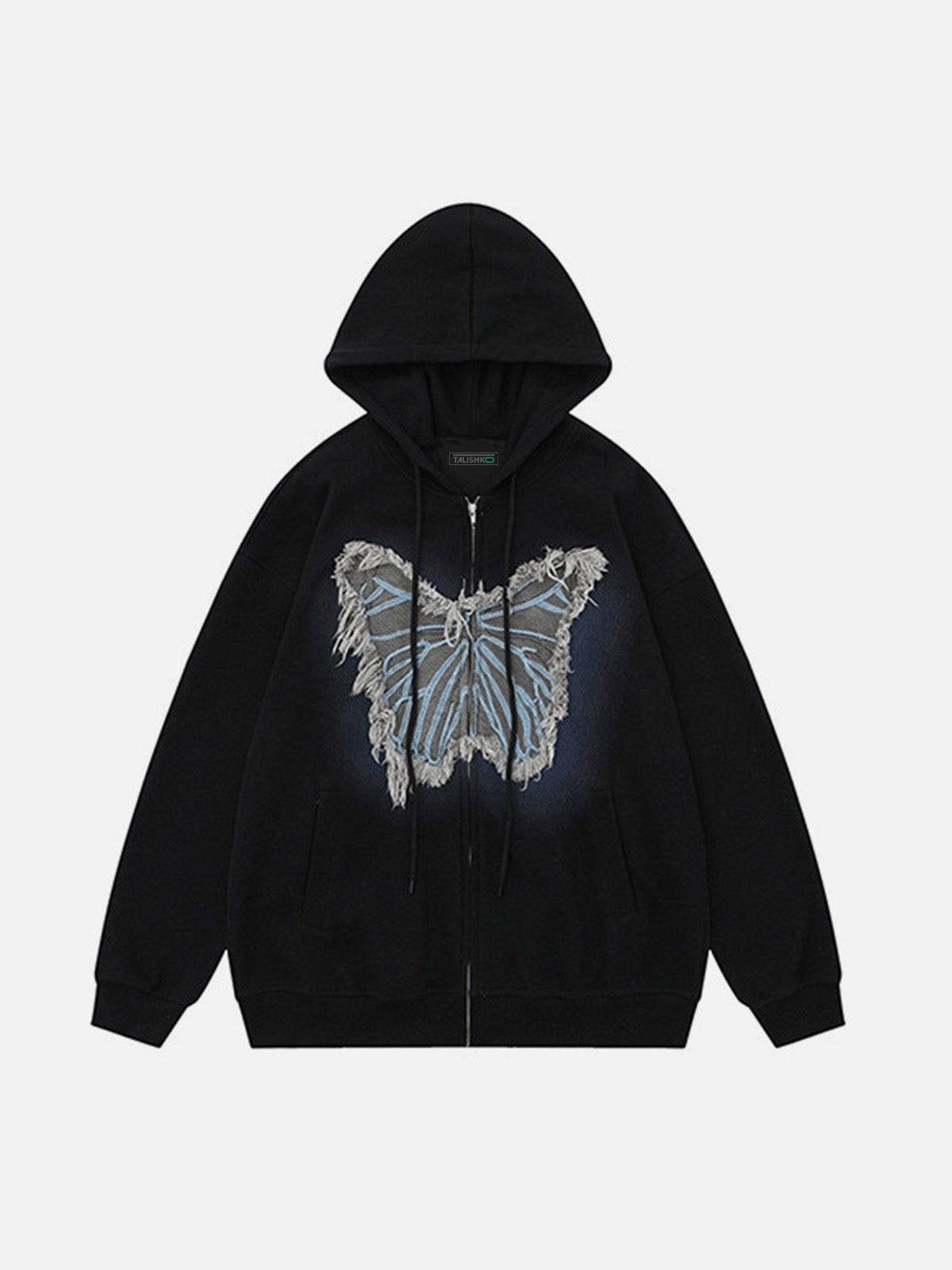 Concert Outfit Distressed Butterfly Patch Cardigan Hoodie