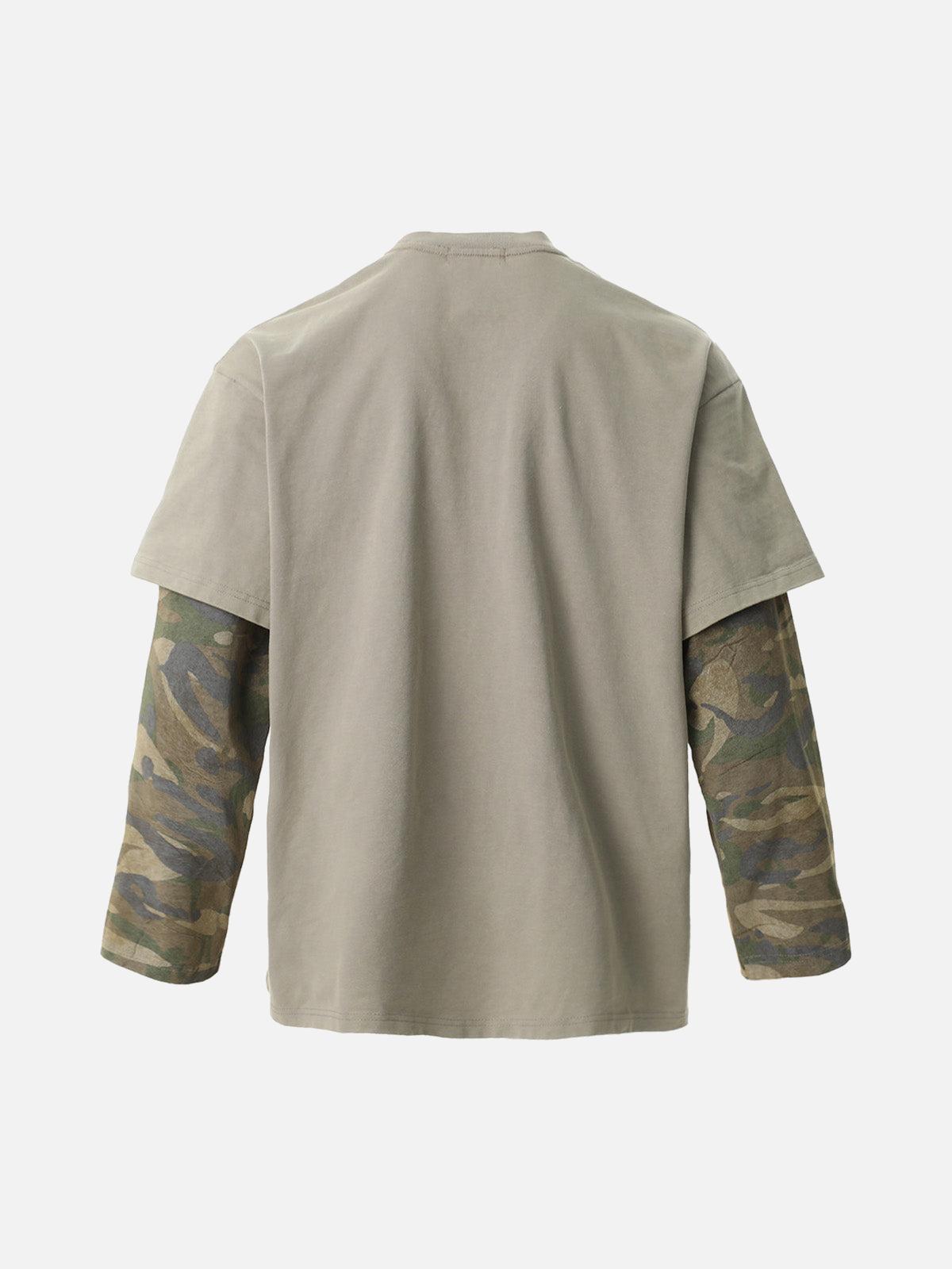 Concert Outfit Distressed Camouflage Faux Two-Piece Graphic T-Shirt