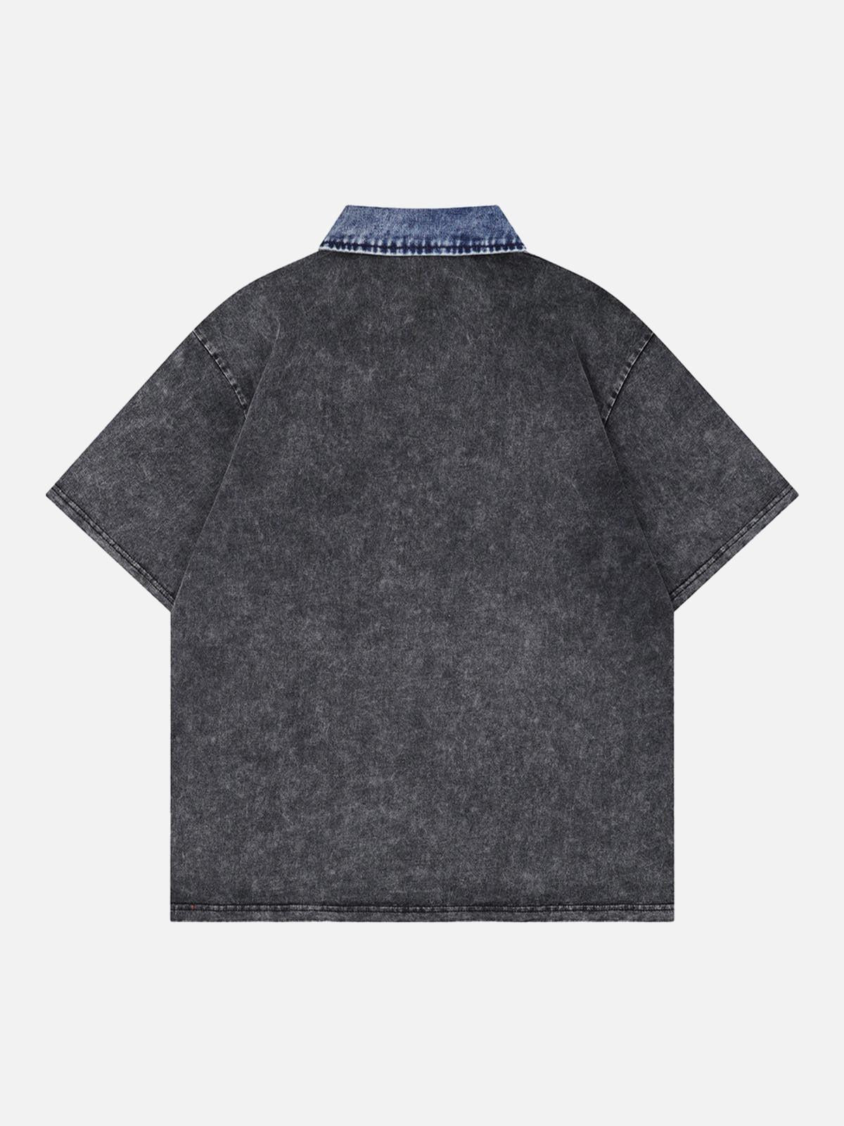 Concert Outfit Distressed Embroidered Denim Collar Polo Shirt