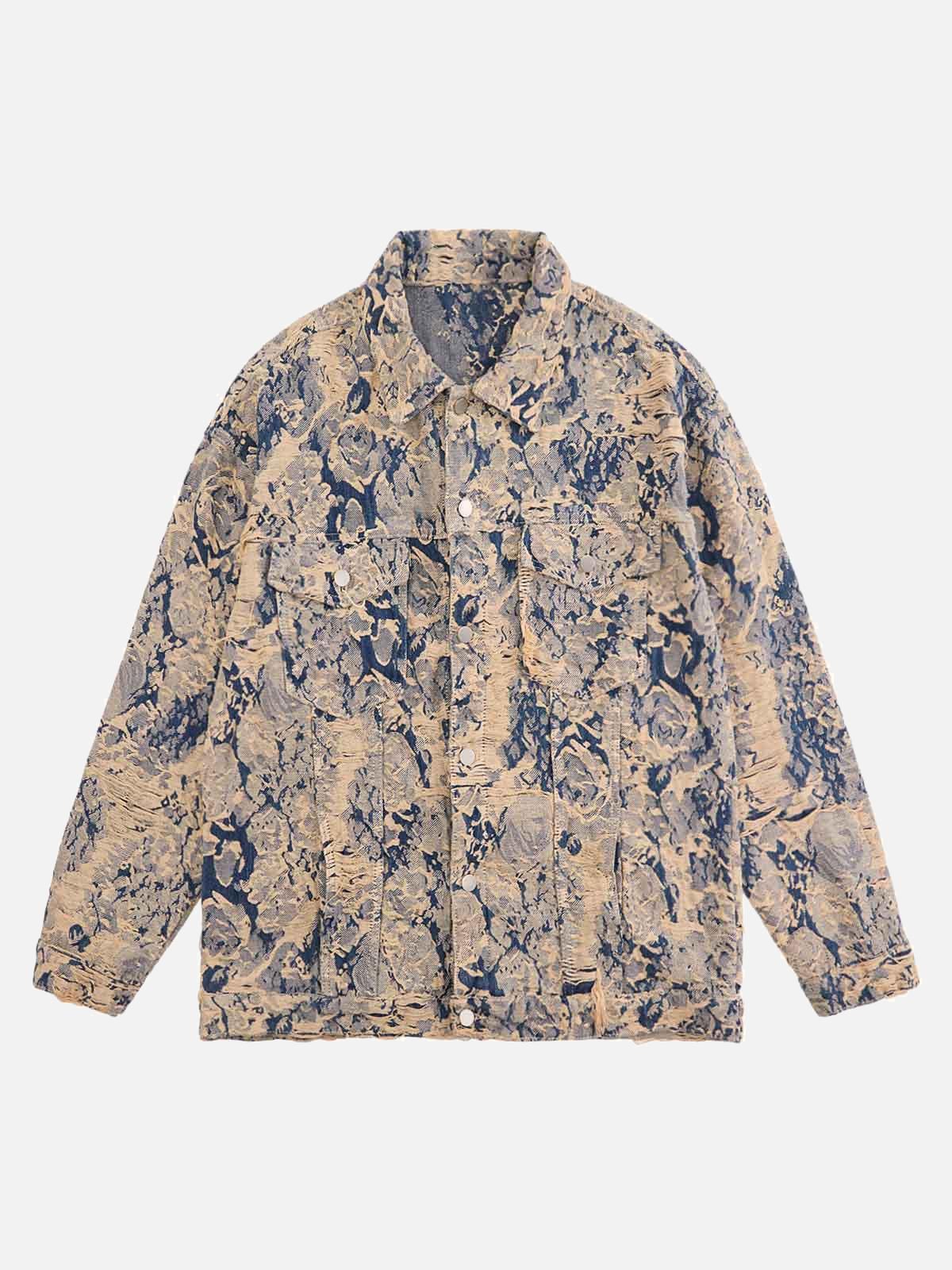 Concert Outfit Distressed Jacquard Denim Jacket