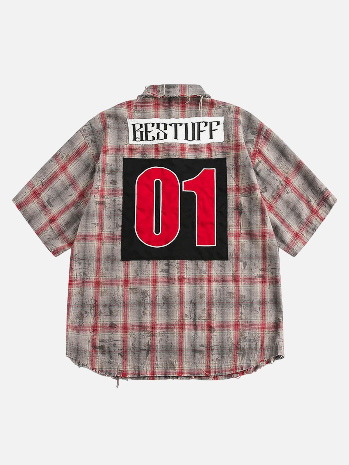 Concert Outfit Distressed Patch Plaid Short-Sleeve Shirt
