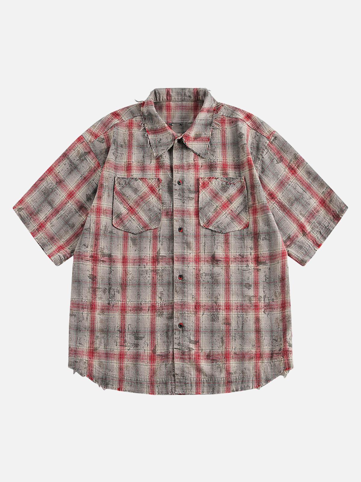 Concert Outfit Distressed Patch Plaid Short-Sleeve Shirt