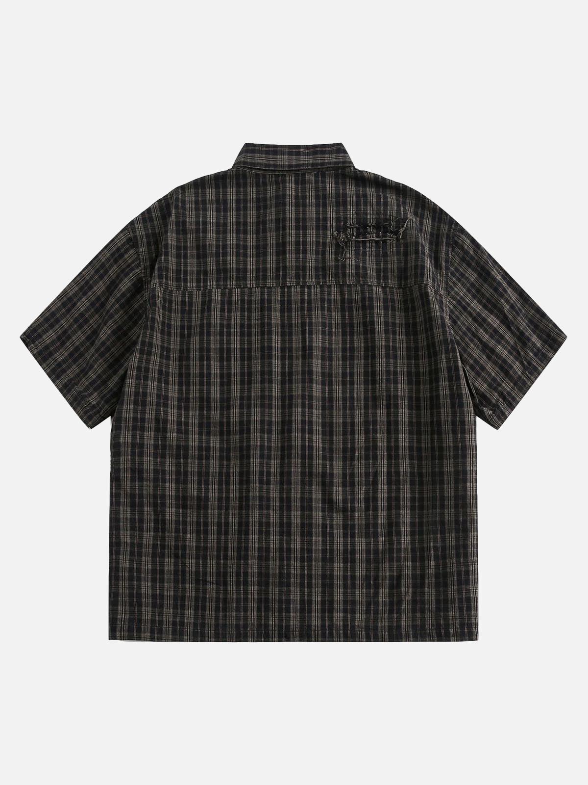 Concert Outfit Distressed Plaid Short-Sleeve Shirt