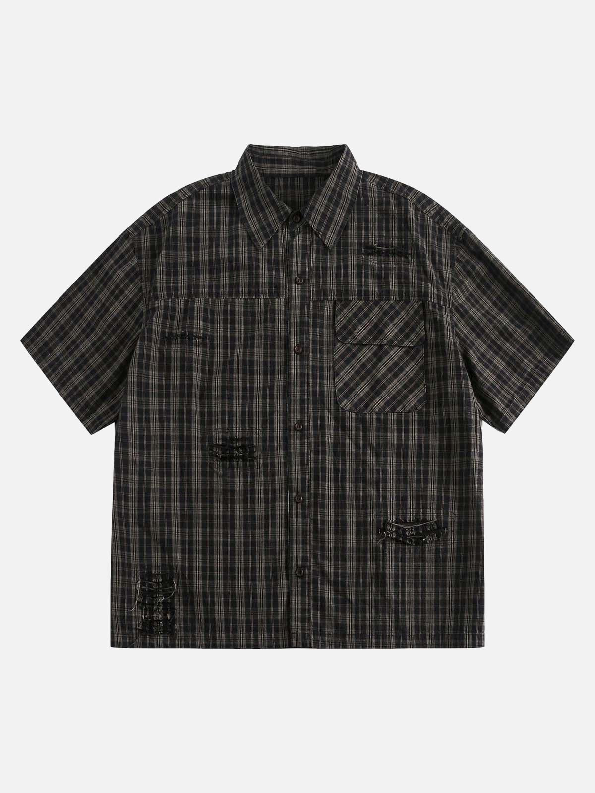 Concert Outfit Distressed Plaid Short-Sleeve Shirt
