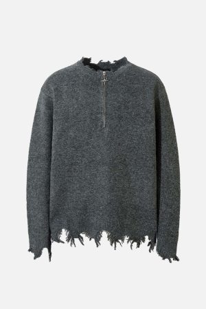 Concert Outfit Distressed Quarter Zip Sweater