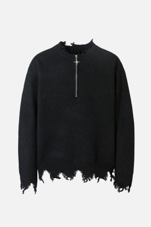 Concert Outfit Distressed Quarter Zip Sweater