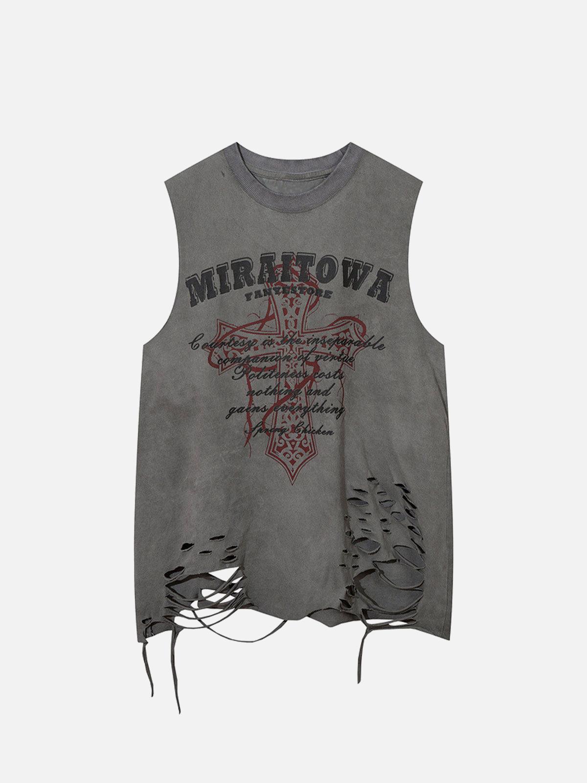 Concert Outfit Distressed Ripped Graphic Cross Print Vest