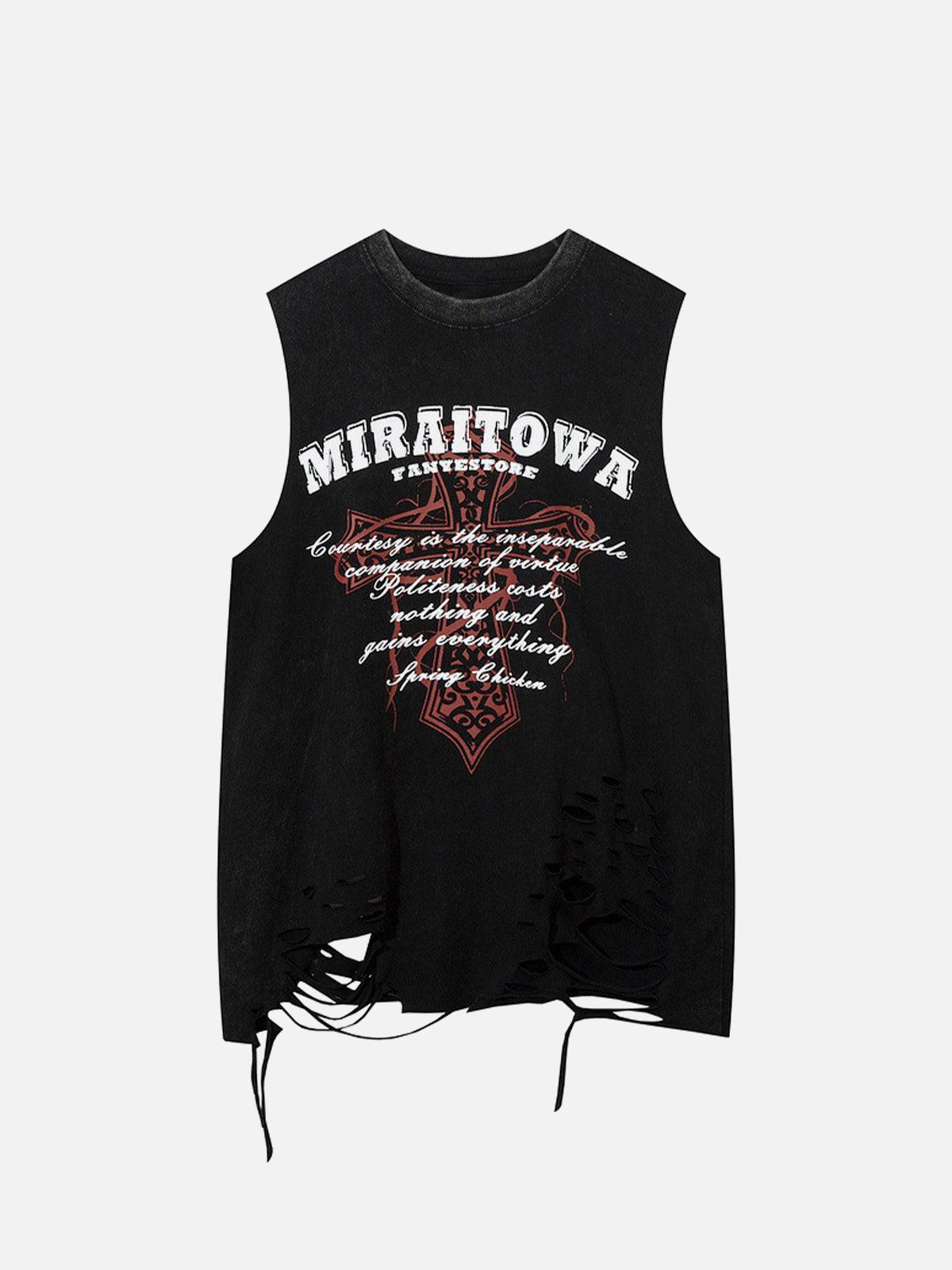 Concert Outfit Distressed Ripped Graphic Cross Print Vest