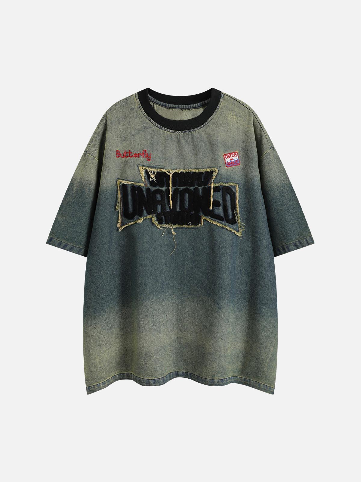 Concert Outfit Distressed Washed Patchwork Gradient Denim T-Shirt