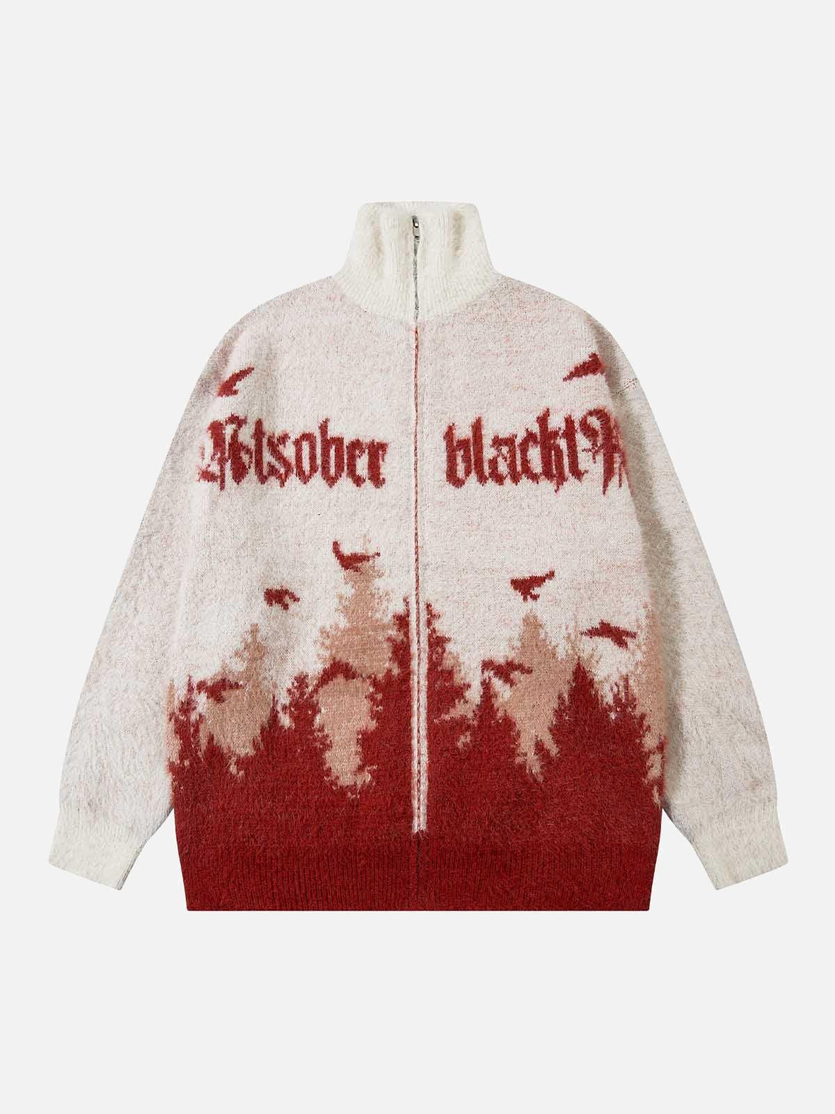 Concert Outfit Faux Mink Fur Forest Bird High Collar Zipper Sweater