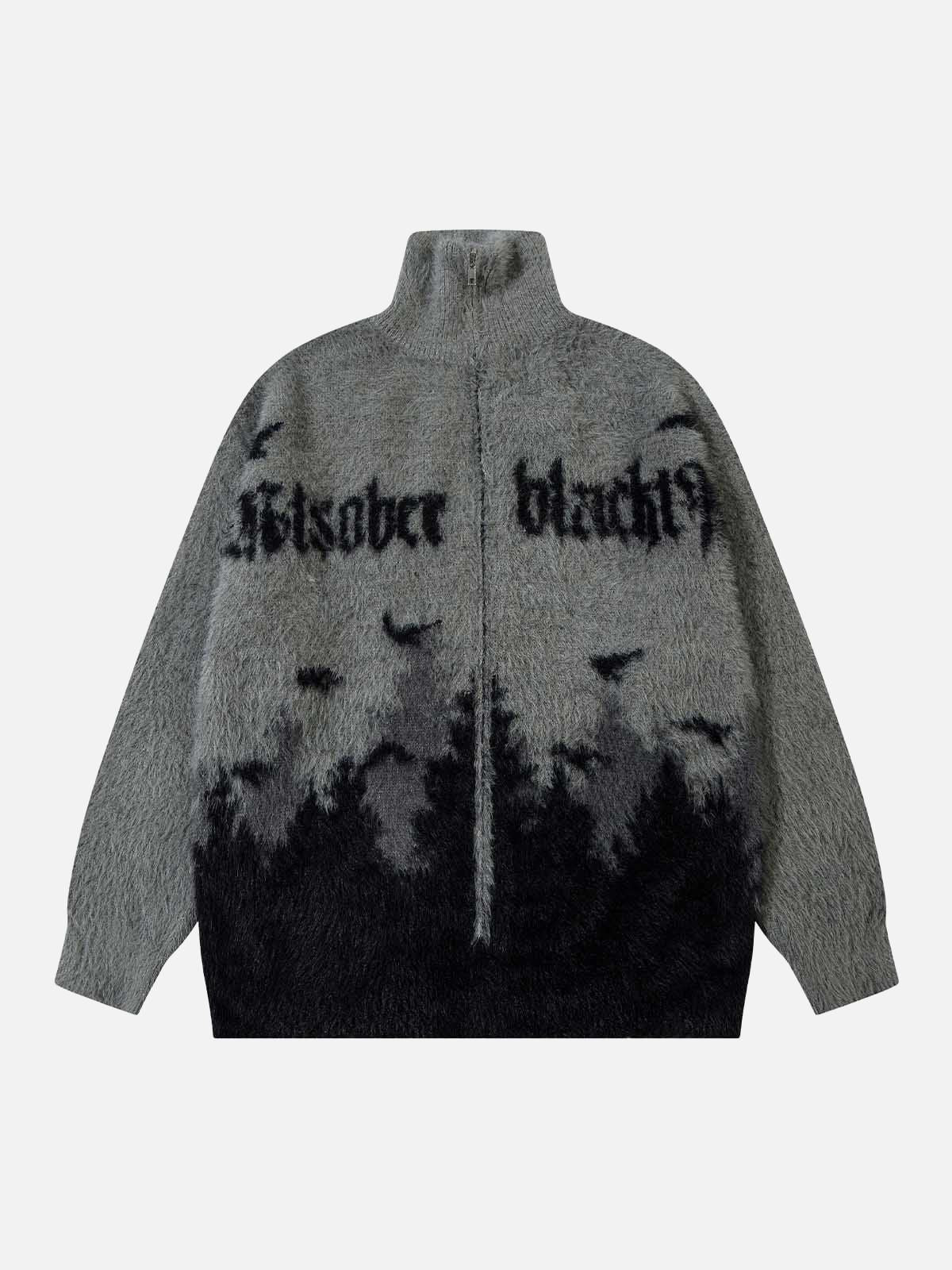 Concert Outfit Faux Mink Fur Forest Bird High Collar Zipper Sweater