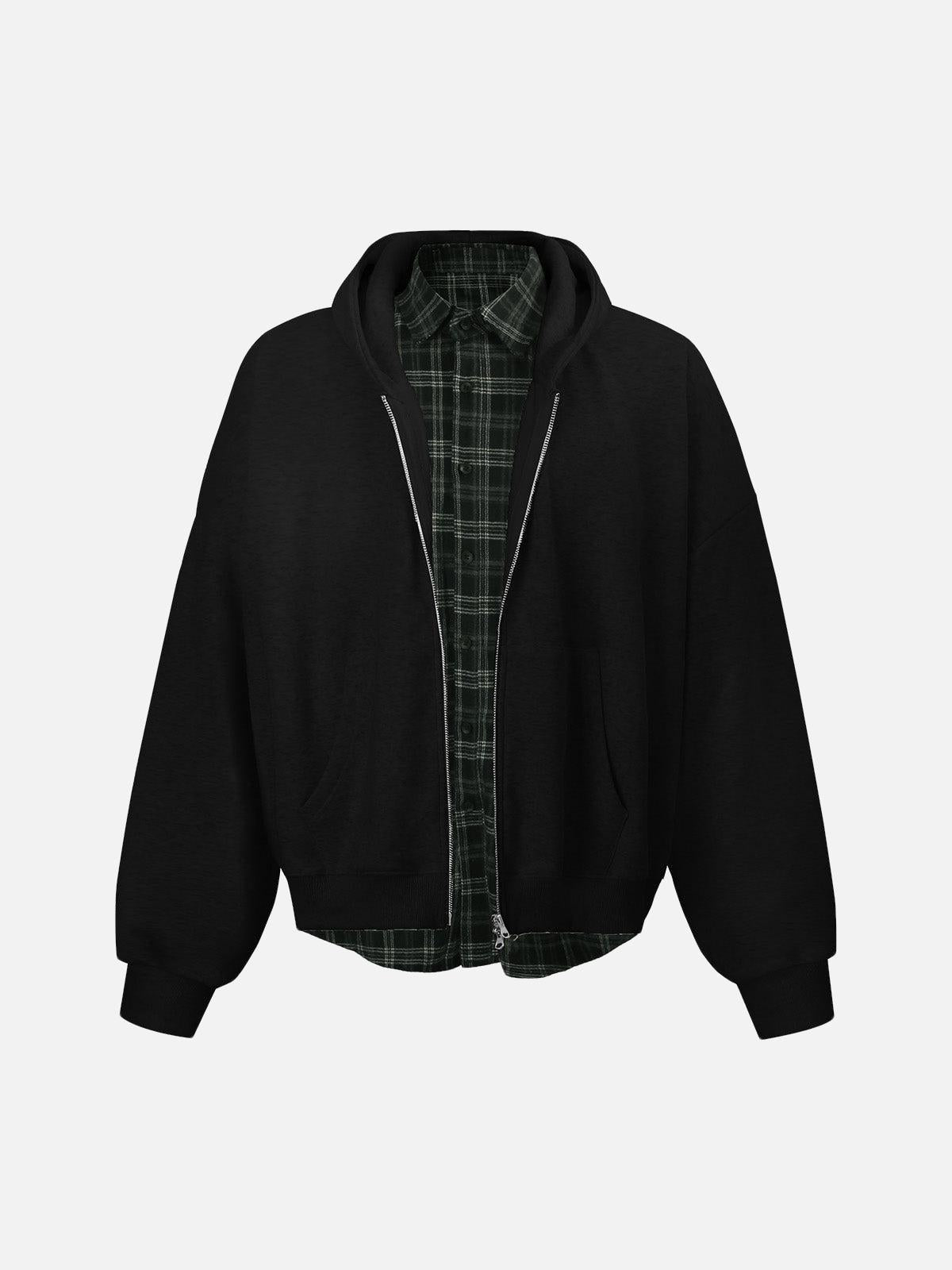 Concert Outfit Faux Two-Piece Plaid Fleece Hooded Jacket