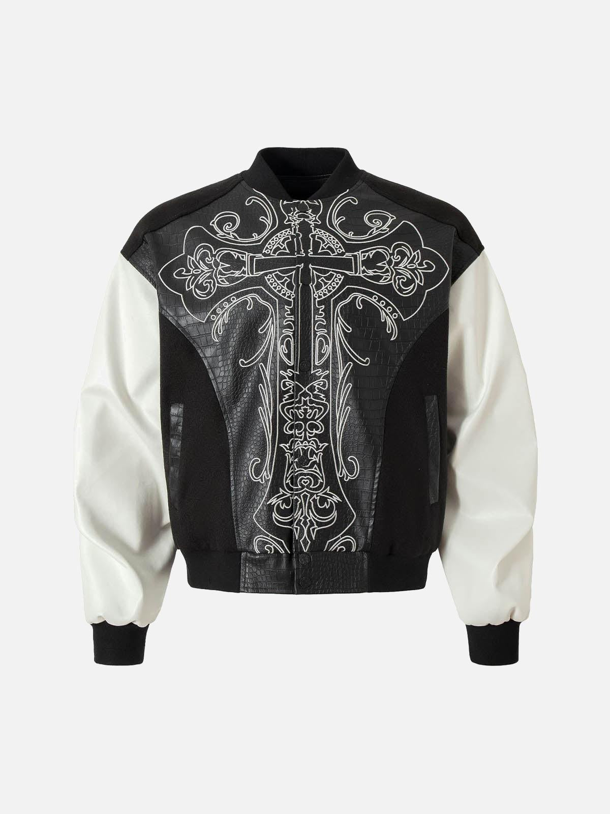 Concert Outfit Gothic Cross Embroidery Crocodile Leather Bomber Jacket