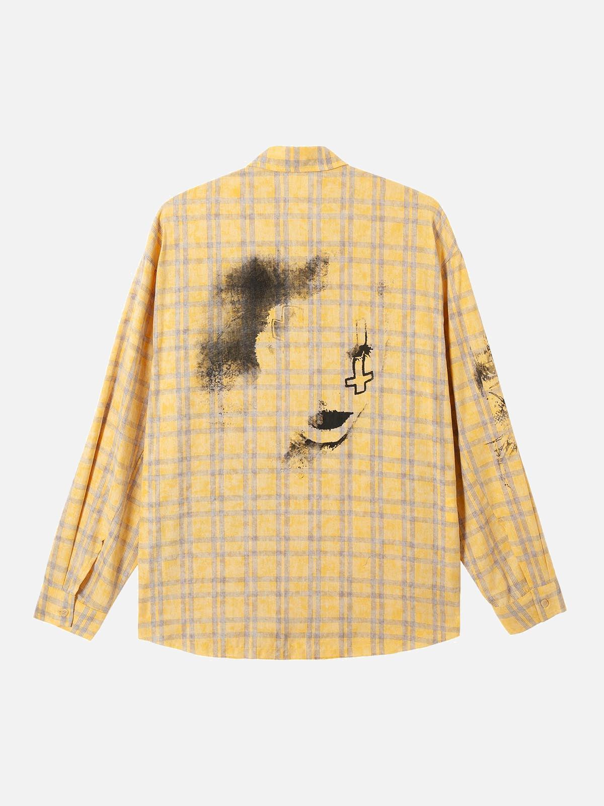 Concert Outfit Graffiti Letter Print Long Sleeve Plaid Polo Shirt