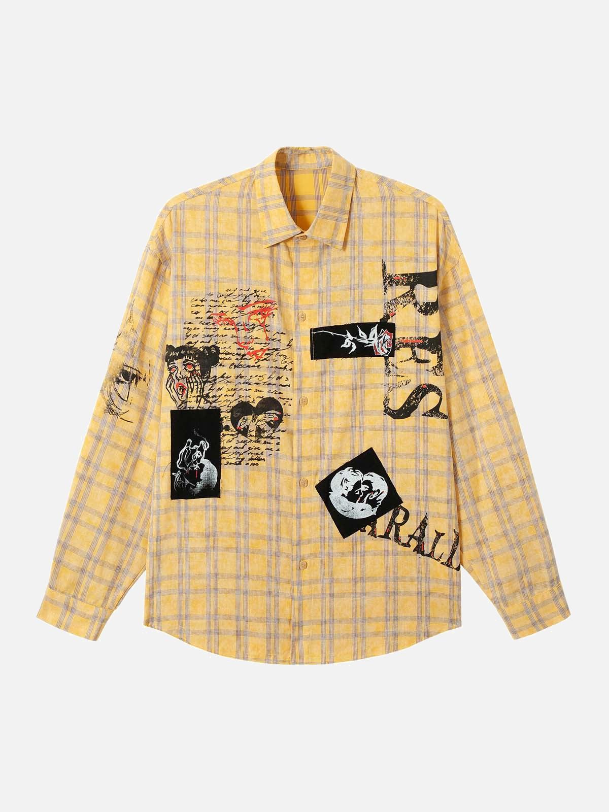 Concert Outfit Graffiti Letter Print Long Sleeve Plaid Polo Shirt