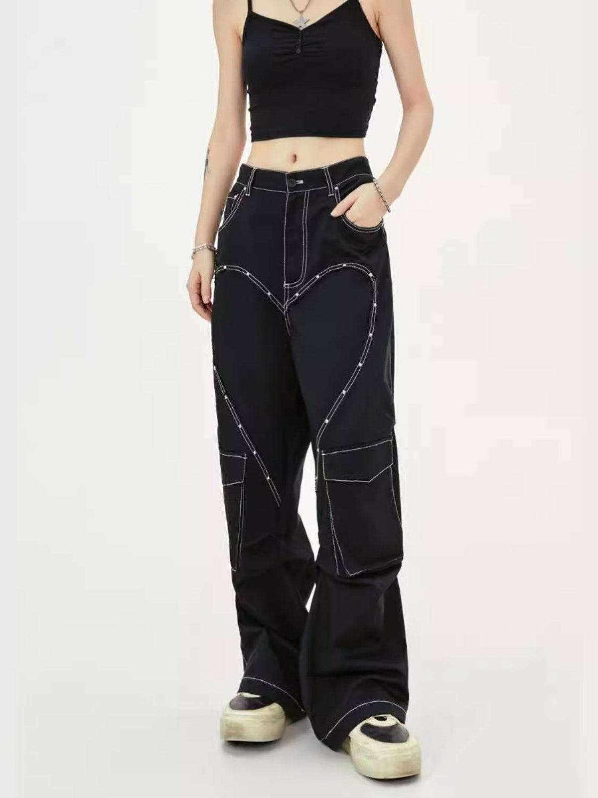 Concert Outfit Heart Rivet Multi-Pocket Jeans