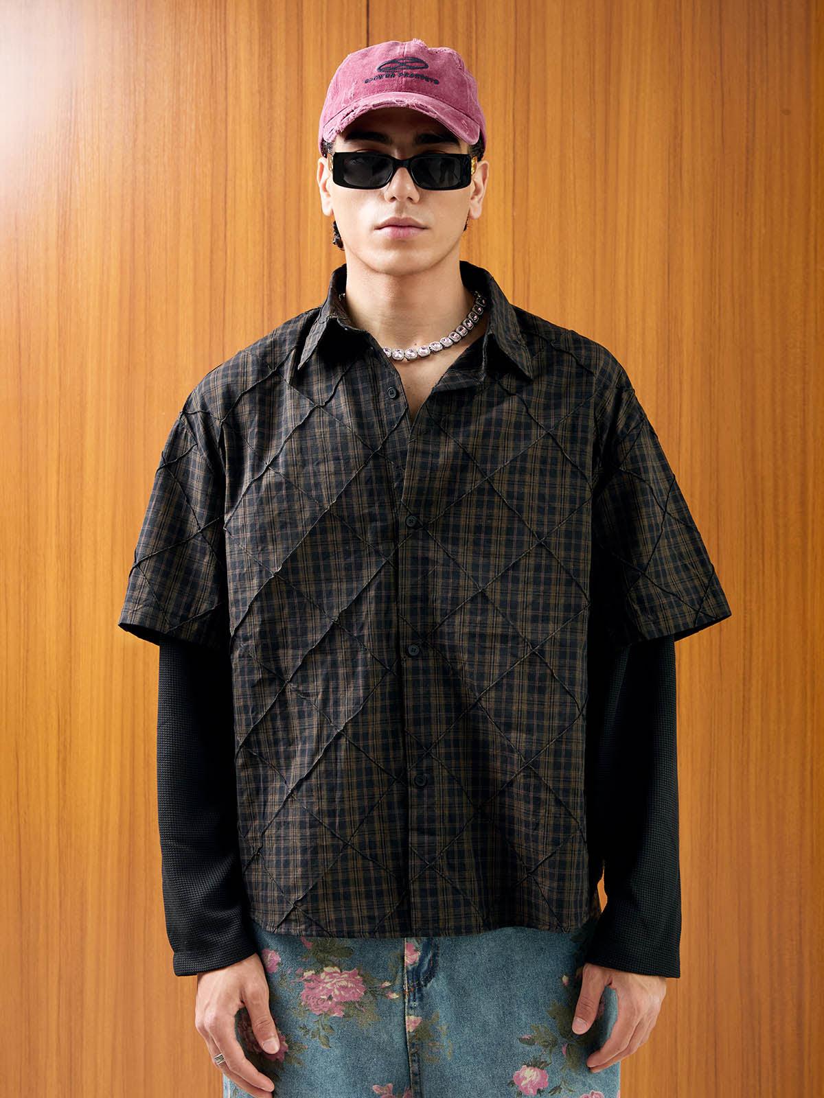 Concert Outfit Heavy Plaid Pleated Striped Faux Two-Piece Polo Shirt