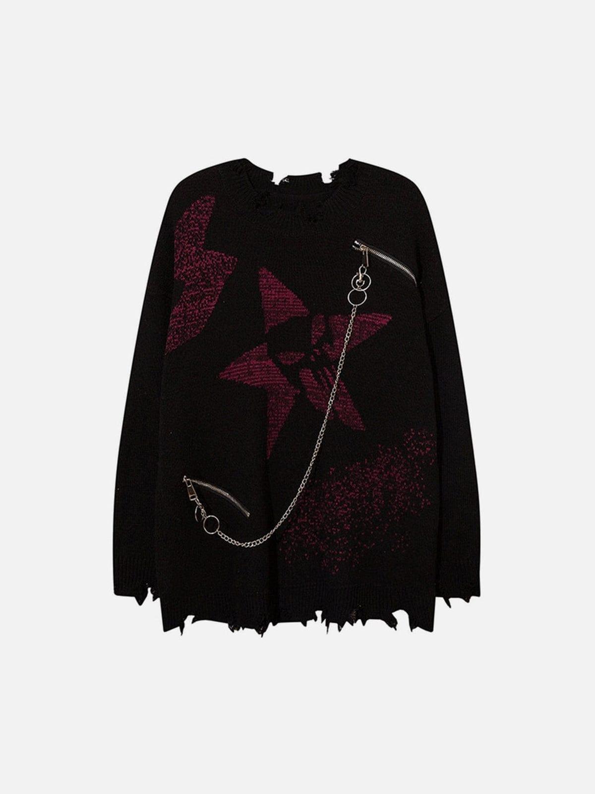 Concert Outfit Irregular Ripped Skeleton Zipper Chain Knit Sweater