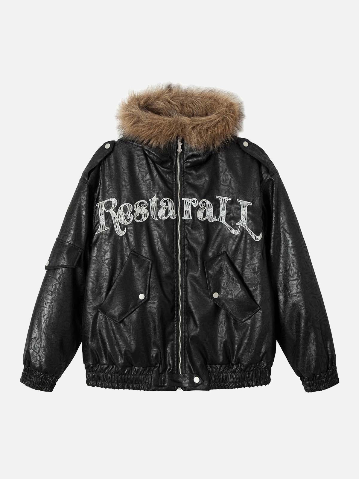 Concert Outfit Lace Lettering Fur Hooded Leather Quited Jacket