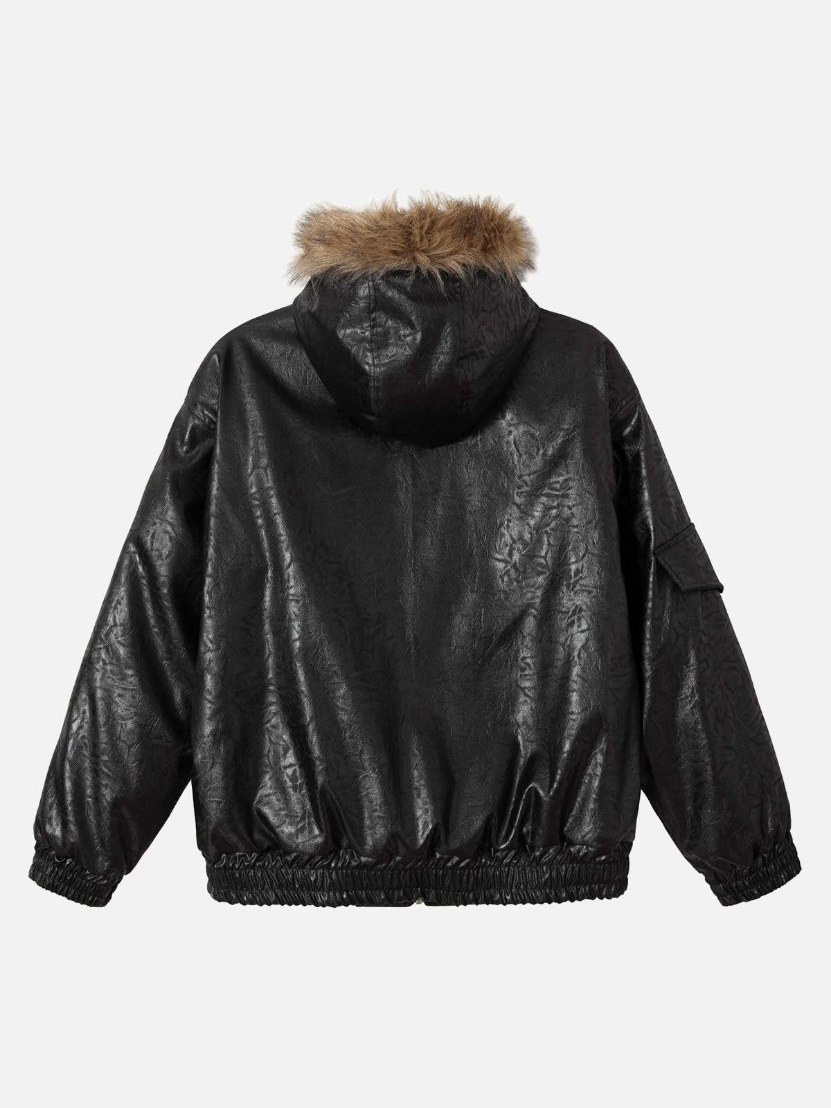 Concert Outfit Lace Lettering Fur Hooded Leather Quited Jacket