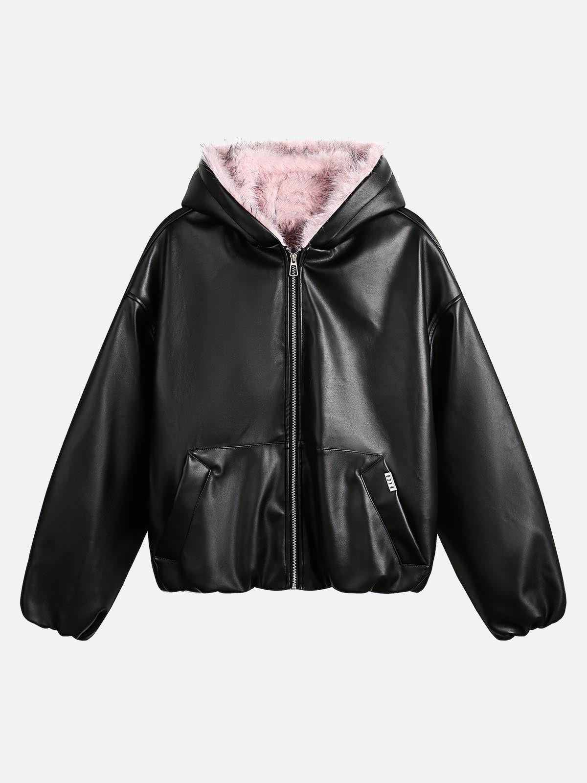 Concert Outfit Leather Pink Fur Hooded Quilted Jacket